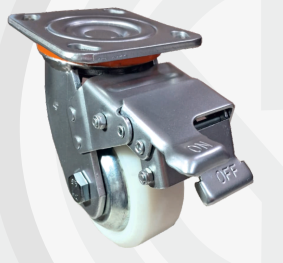 Solid Nylon Swivel with Brake wheel Ø100×50 mm with pressed steel bracket