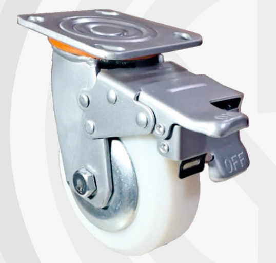 Solid Nylon Swivel with Brake wheel Ø125×50 mm with pressed steel bracket