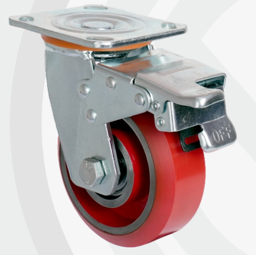 Cast Iron PU Swivel with Brake wheel Ø125×50 mm with pressed steel bracket