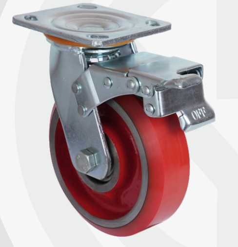 Cast Iron PU Swivel with Brake wheel Ø150×50 mm with pressed steel bracket